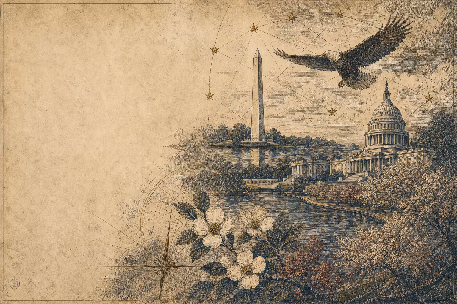 Original cartographic engraving collage of the Washington Monument, U.S. Capitol, Tidal Basin, eagle, dogwood, and connected stars.