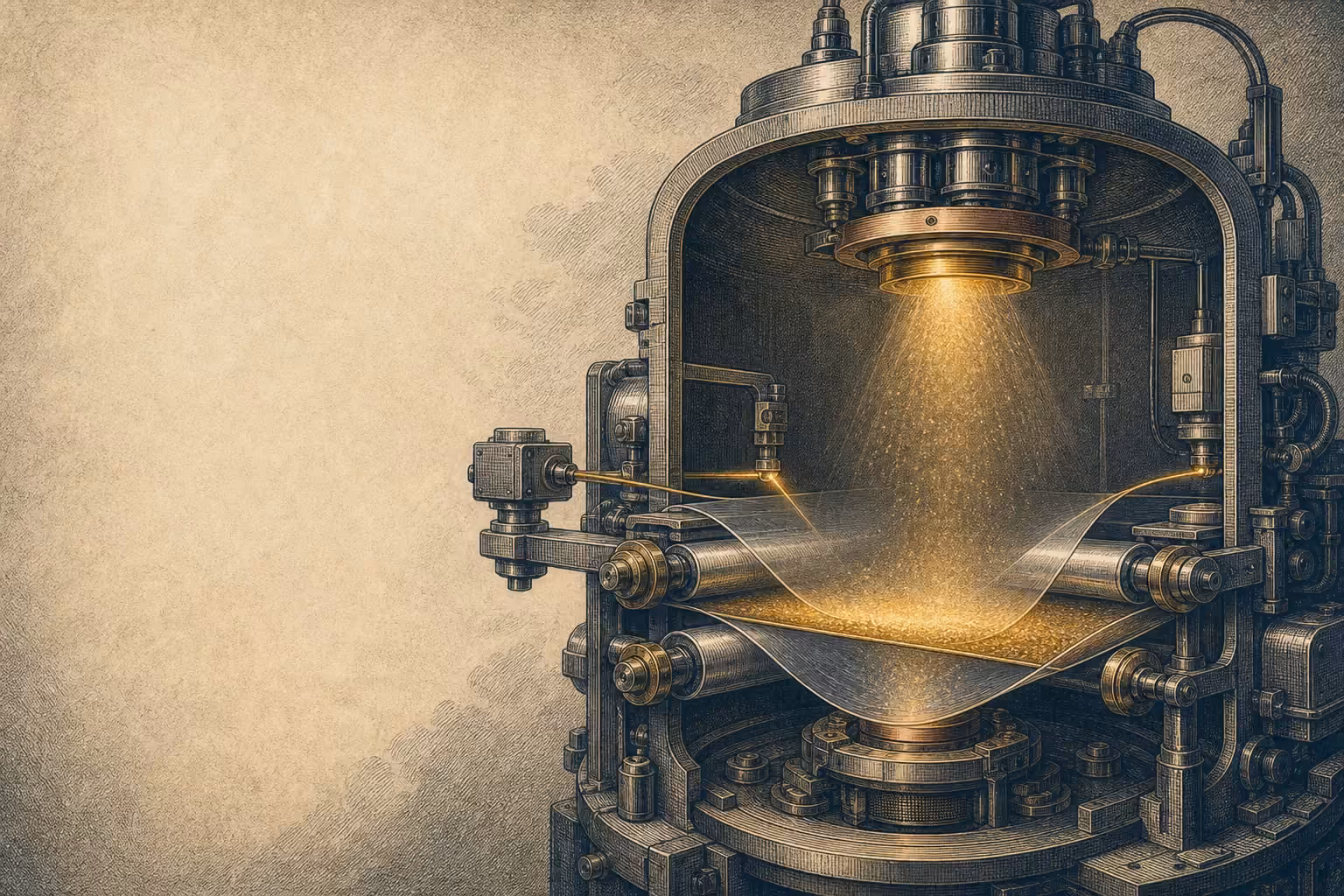 Original technical engraving of a vacuum-deposition chamber applying a glowing microscopic gold layer between transparent polymer films.