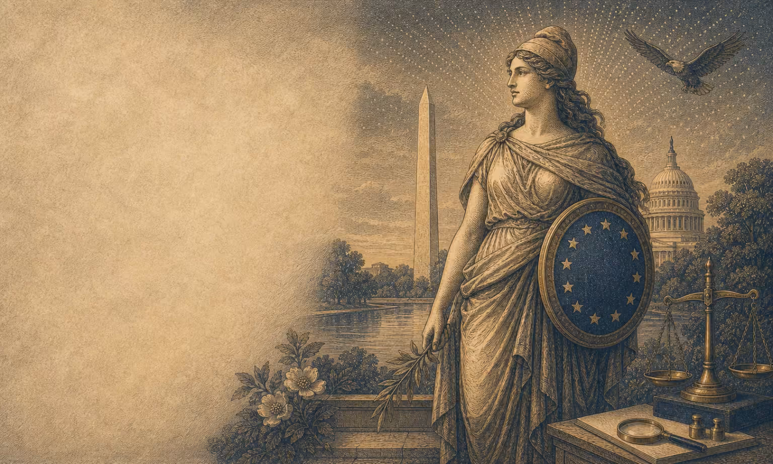 Original engraving-style illustration of Columbia with a thirteen-star shield, Washington Monument, Capitol, eagle, and celebratory points of light.