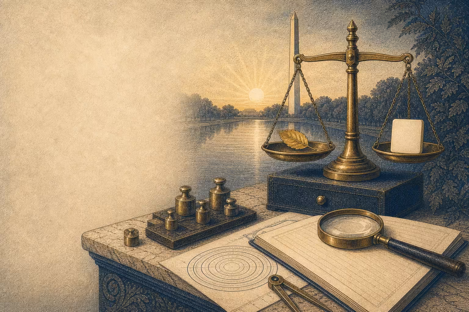 Original engraving-style illustration of a balanced brass scale, blank tally tile, ledger, and Washington Monument at sunrise.
