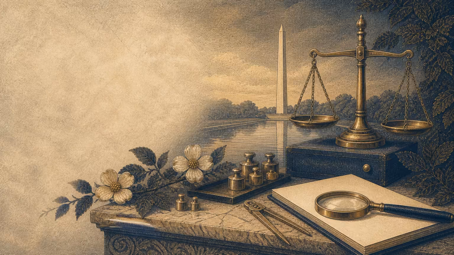 Original engraving-style calculation desk with brass scale, weights, lens, dividers, blank ledger, reflecting pool, and Washington Monument.