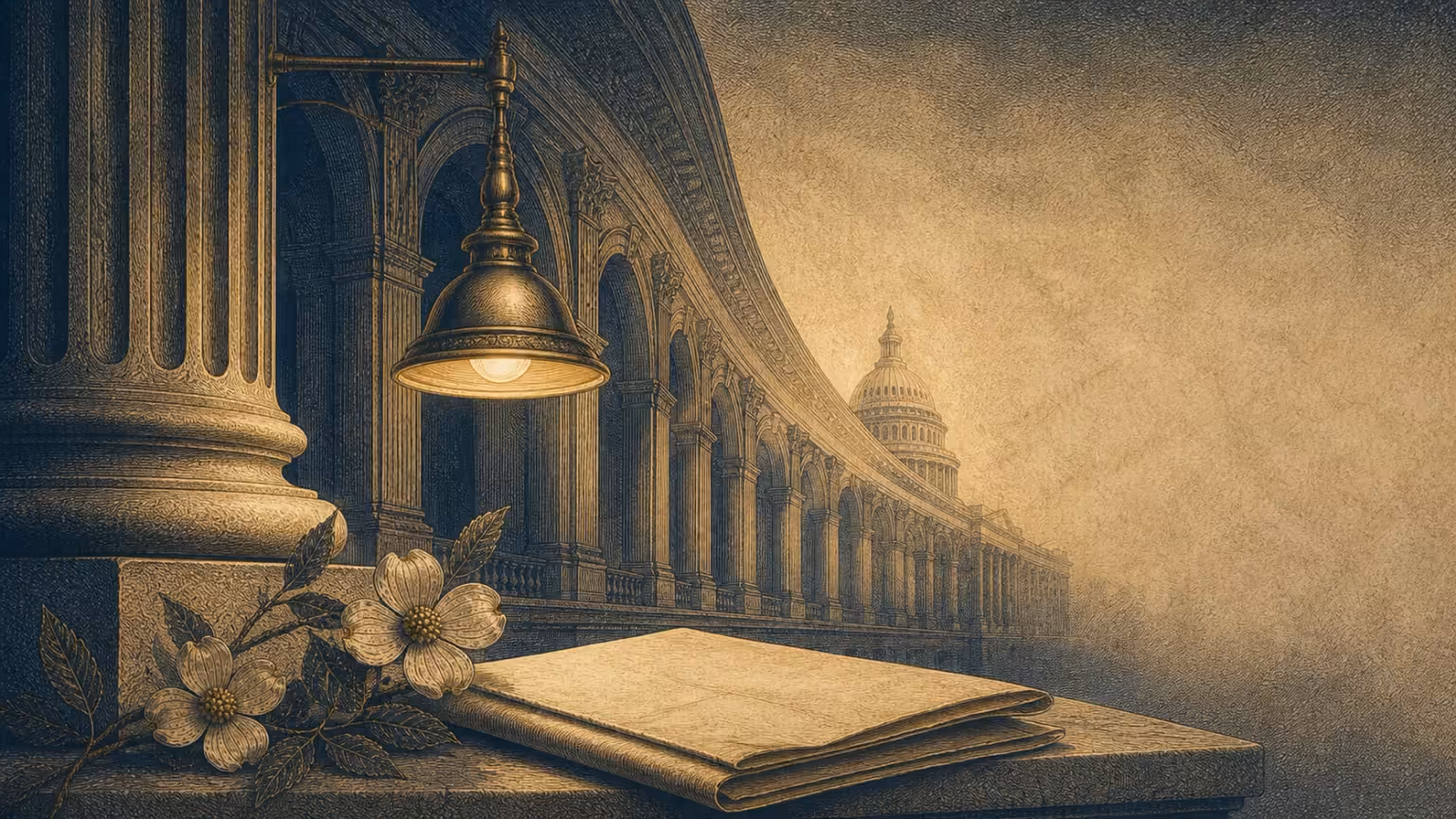 Original engraving-style Capitol colonnade, brass reading lamp, dogwood, and blank archival folio moving from shadow into light.