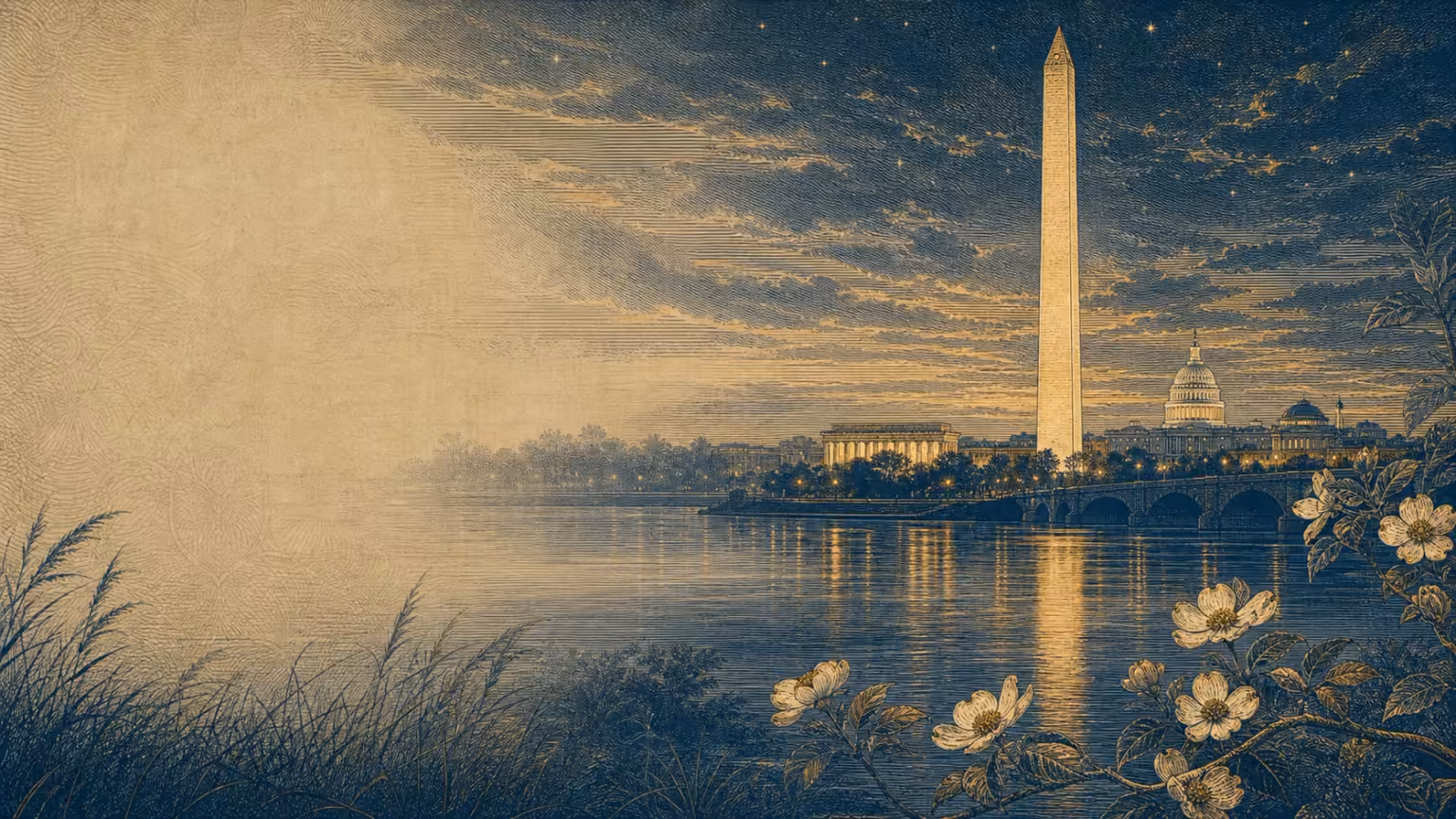 Original engraving-style panorama of Washington, D.C. at blue hour from the Potomac, with the Washington Monument, Capitol, bridge, grasses, and dogwood.