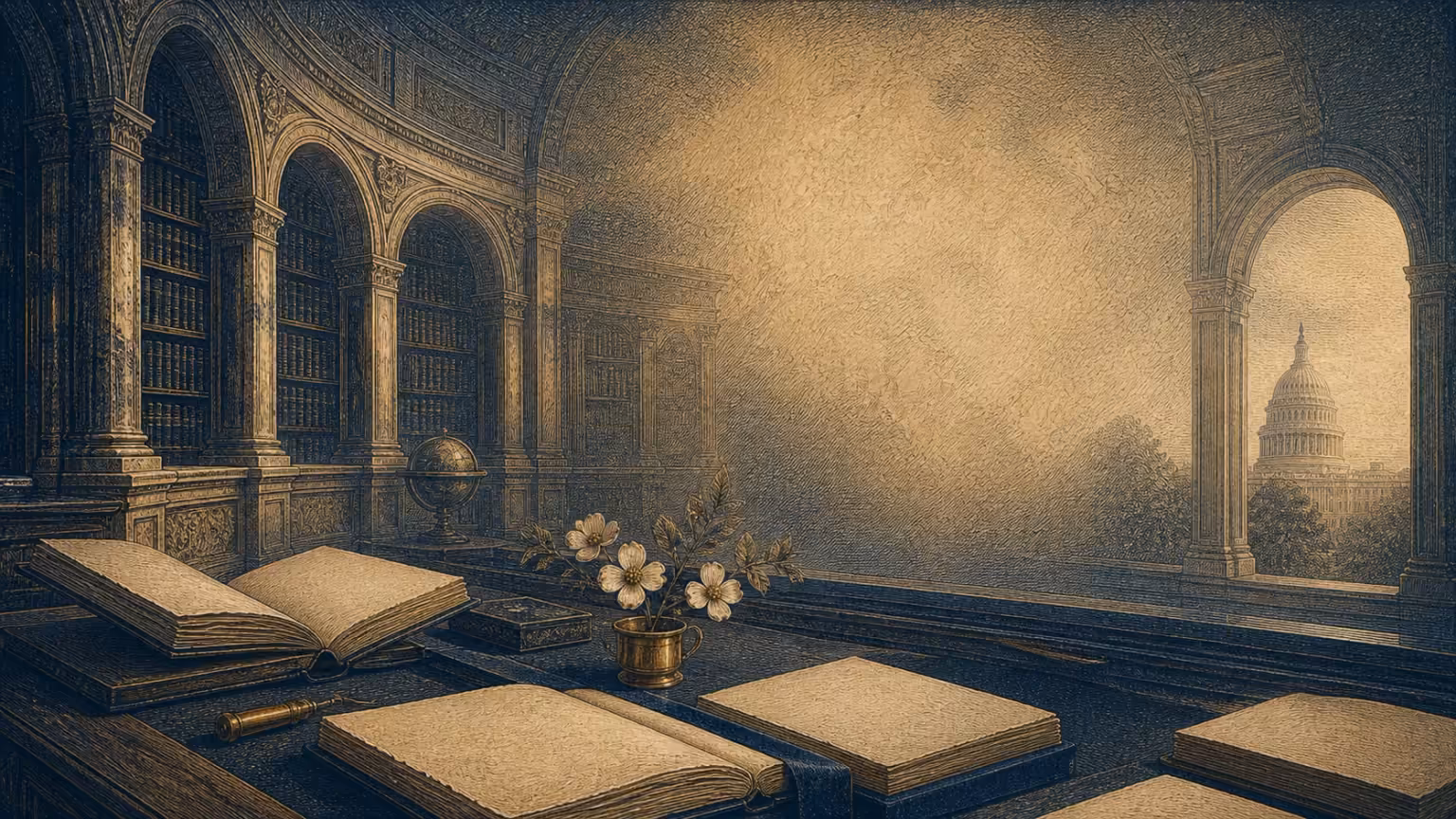 Original engraving-style reading room with archival folios, dogwood, marble arches, and the Capitol dome through a window.