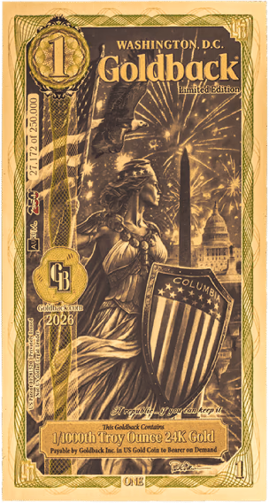 Front of the standard 2026 Washington, D.C. 1 Goldback showing Columbia, the Washington Monument, the U.S. Capitol, fireworks, and an eagle.